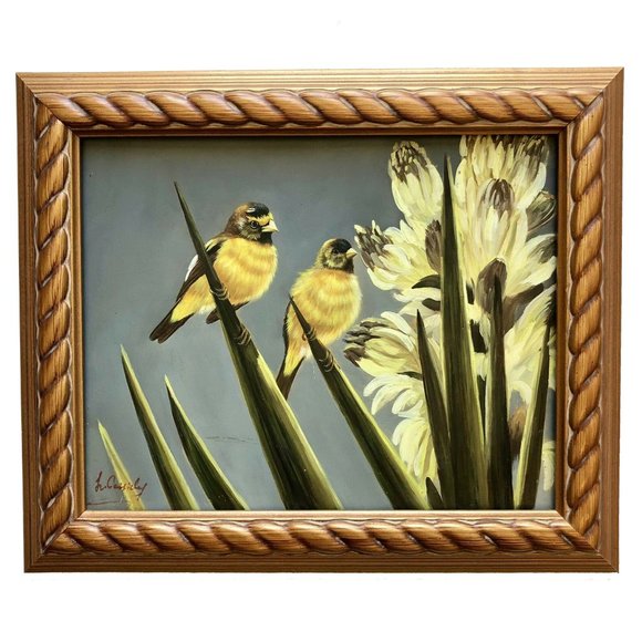 Laura L. Cassidy Goldfinch Pair of Birds Flower Oil on Board Contemporary Artist - Picture 1 of 4